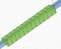 Figure 2. Simulation model of a via. The symmetry allows reducing the construction to a quarter, in order to save calculation time. At the ends the via is connected to a coaxial cable as 50 &Omega; reference